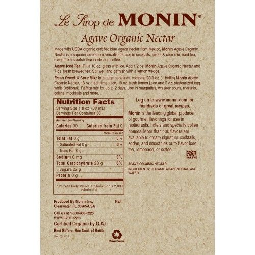 Monin Agave Nectar Organic Sweetener Syrup - Bottle (1L)