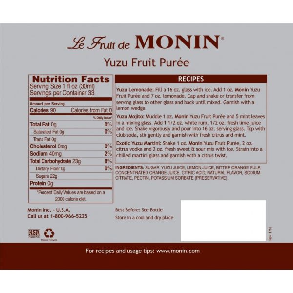 Monin Yuzu Fruit Puree - Bottle (1L)
