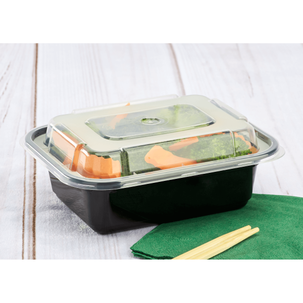 Black and Clear Karat 12 oz PP Plastic Microwavable Rectangular Food Container & Lid with food