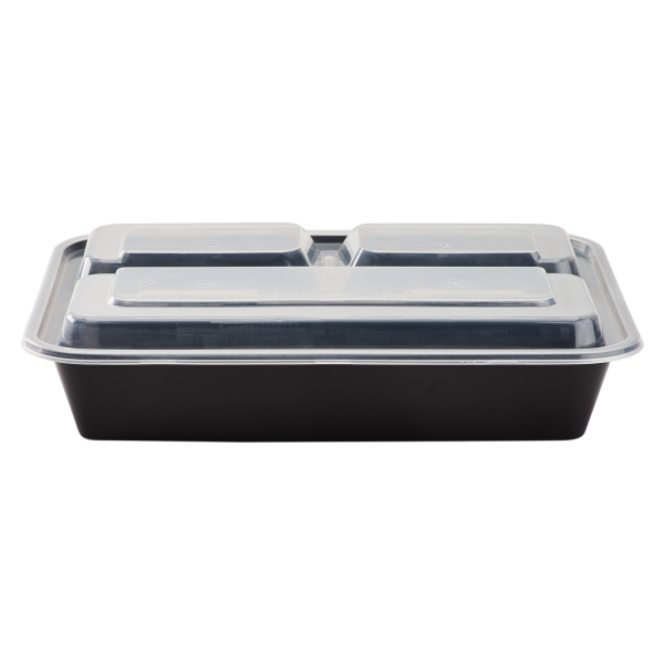 Karat 32 oz PP Plastic Microwavable Rectangular Food Containers & Lids, Black, 3 Compartments - 150 sets