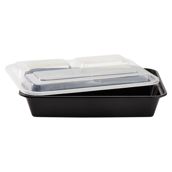 Rectangular Black Plastic Three Compartment Food Containers with Clear Lids  – 10in x 7-1/2in x 1-3/4in – 33 oz – 150 per case