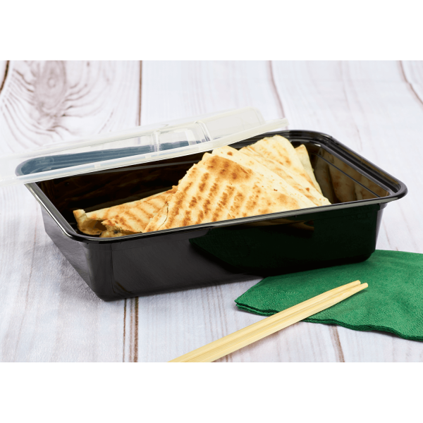 Karat 38 oz PP Plastic Microwavable Rectangular Food Containers & Lids with naan