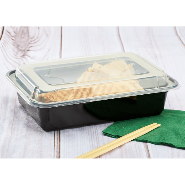 Plastic To-Go Containers And Lids - Rectangle - Black With Clear Lid -  38oz. - 100 Count Box