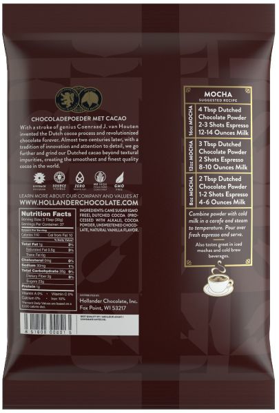 Back of Hollander Sweet Ground Dutched Cocoa & Chocolate Powder