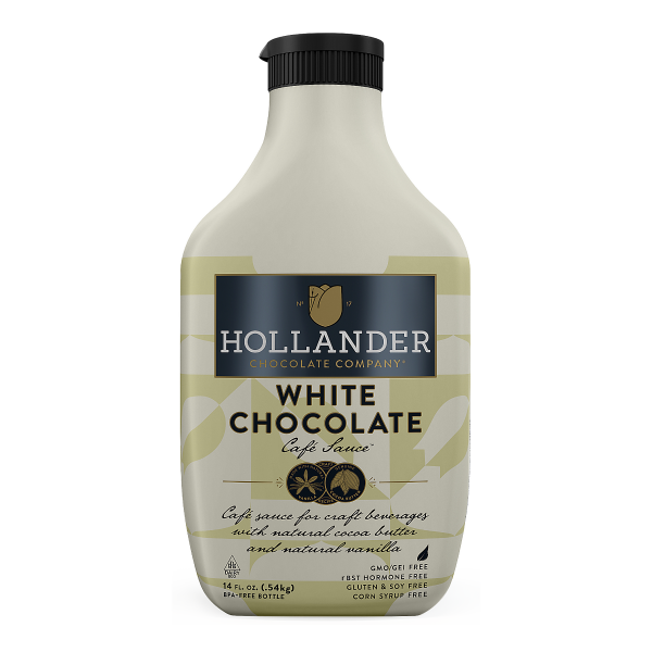 Hollander Sweet Ground White Chocolate Sauce in white 14 fl oz bottle