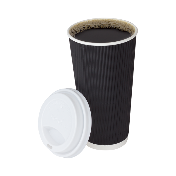 black Karat 20oz Ripple Paper Hot Cup filled with coffee next to white dome sipper lid