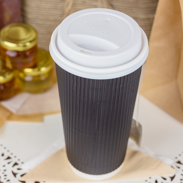 black Karat 20oz Ripple Paper Hot Cup with white dome sipper lid