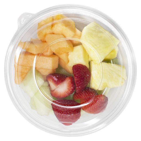 Clear Karat 24 oz PET Plastic Salad Bowl Dome Lids with fruit