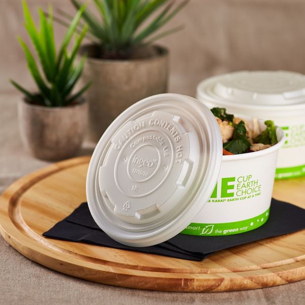 Karat Earth 114.6mm Compostable Flat Lids for 12-16oz Paper Food Container & 24-32oz Gourmet Food Container with matching containers 