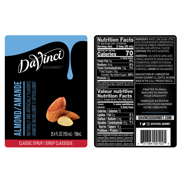 Almond syrup labels and nutrition facts