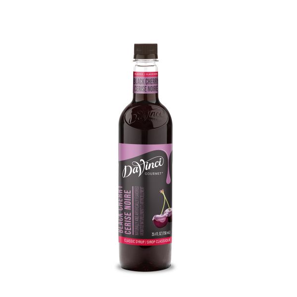 Black Cherry syrup in clear 750mL plastic bottle with labels and twist off reusable lid