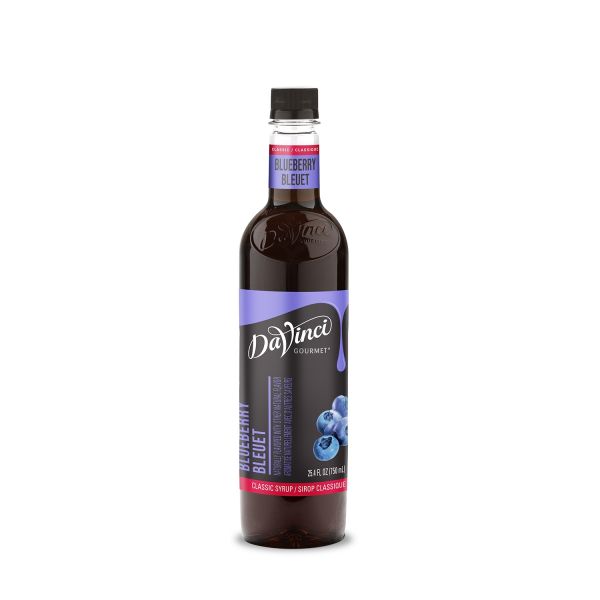 Blueberry syrup in clear 750mL plastic bottle with labels and twist off reusable lid
