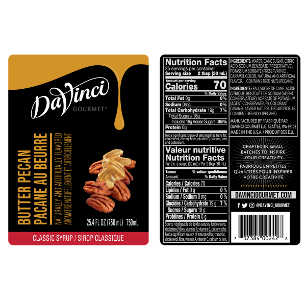 Butter Pecan syrup labels and nutrition facts