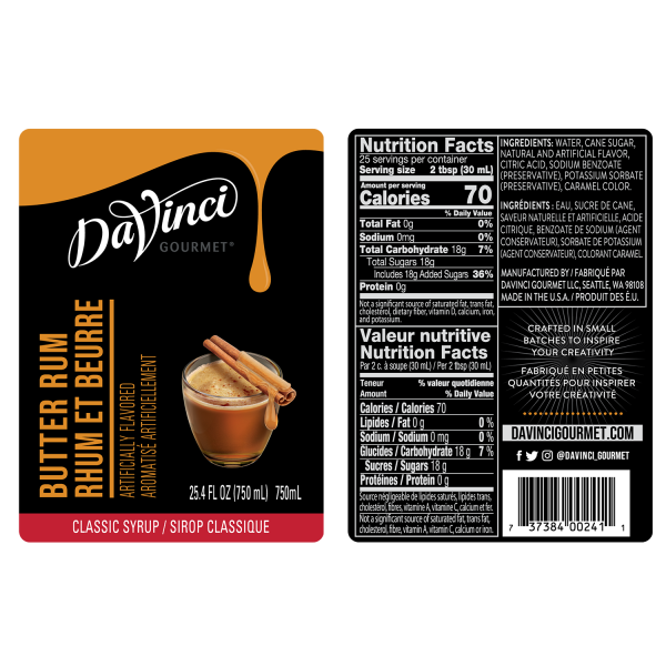 Butter rum syrup labels and nutrition facts