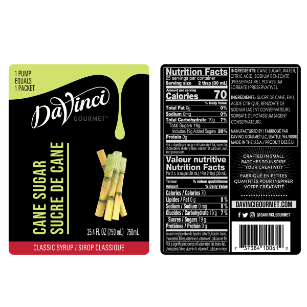 Cane sugar syrup with labels and nutrition facts