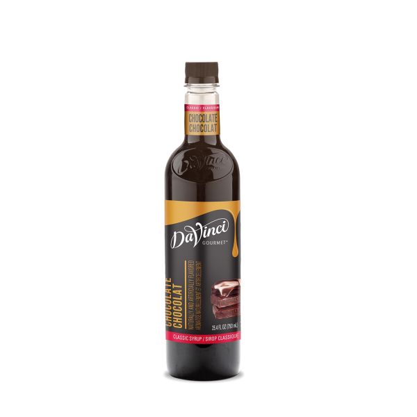 Chocolate syrup in clear 750mL plastic bottle with labels and twist off reusable lid