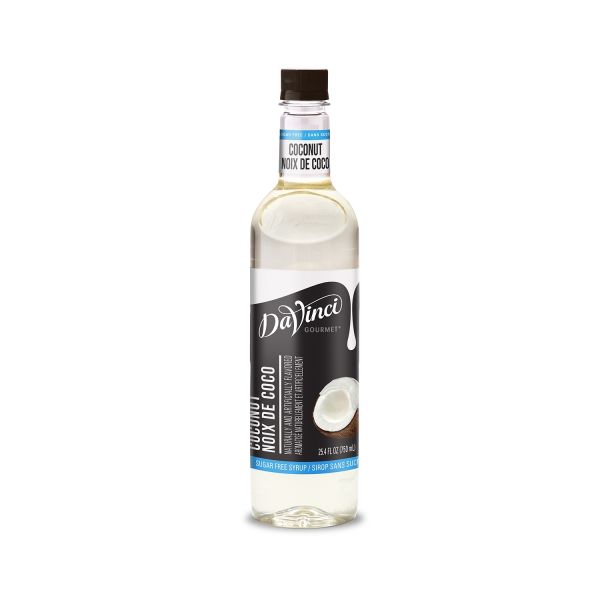 Sugar Free Coconut Syrup Syrup in clear plastic 750 mL bottle with resealable top