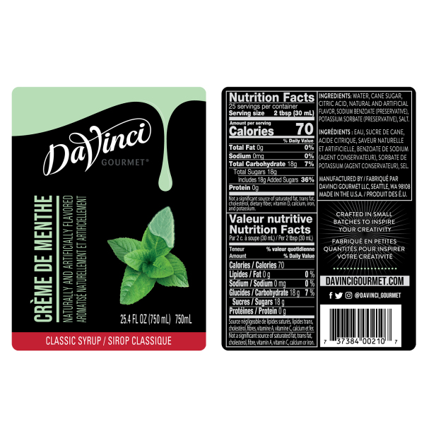 Creme de Menthe Syrup labels and nutrition facts