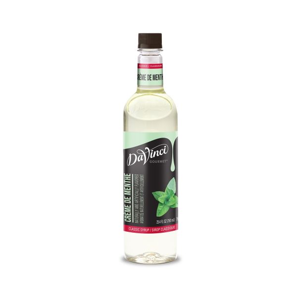 Creme de Menthe syrup in clear 750mL plastic bottle with labels and twist off reusable lid