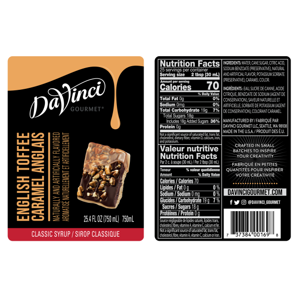 English toffee syrup labels and nutrition facts