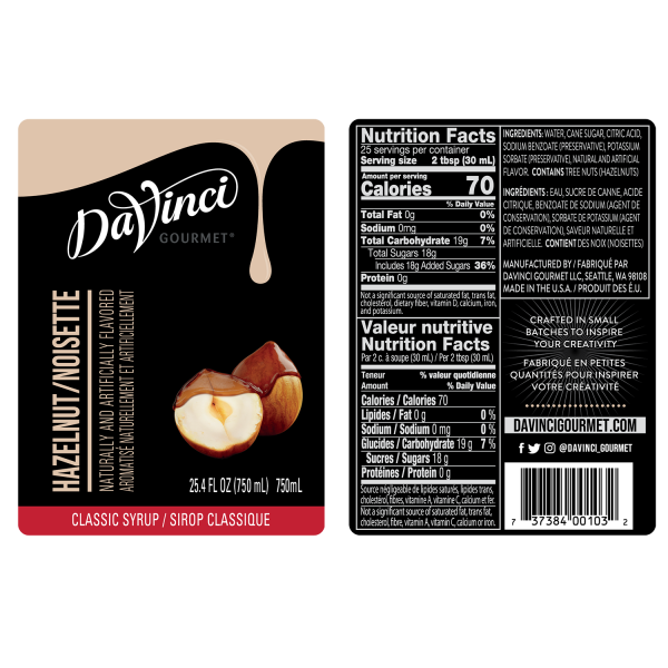Hazelnut syrup labels and nutrition facts