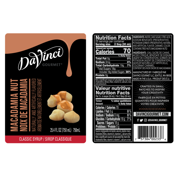 Macadamia nut syrup label and nutrition facts