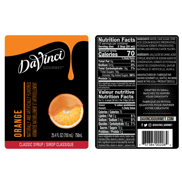 Orange syrup labels and nutrition facts