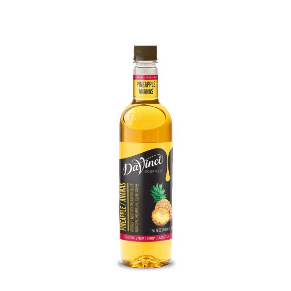 Pineapple syrup in clear 750mL bottle with labels and twist off reusable lid