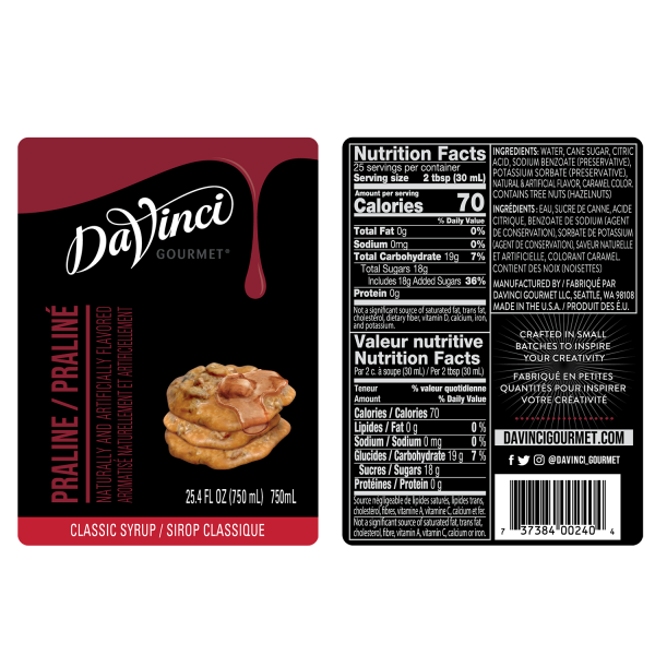 Praline Syrup labels and nutrition facts