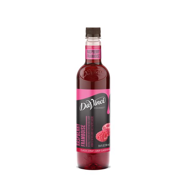 Raspberry syrup in clear 750mL bottle with labels and twist off reusable lid