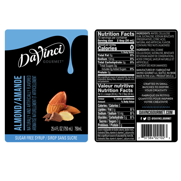 Sugar Free Almond Syrup labels and nutrition facts