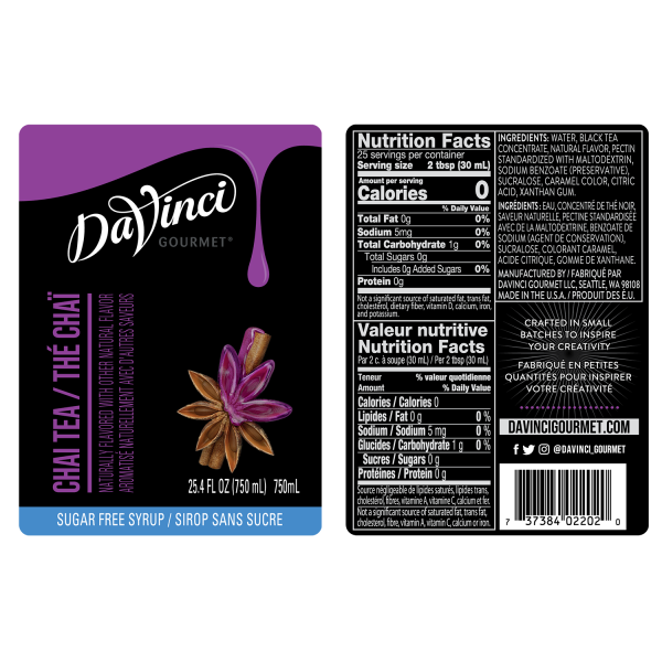 Sugar Free Chai Tea Syrup labels and nutrition facts