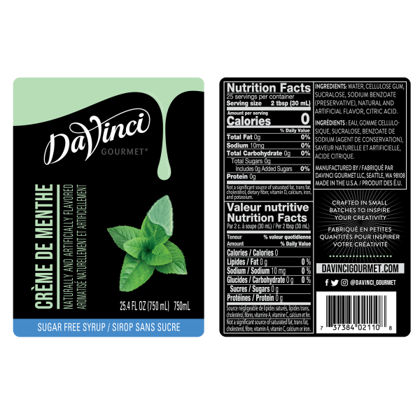Sugar Free Creme de Menthe Syrup labels and nutrition facts