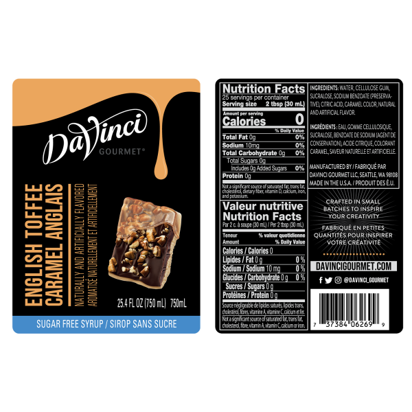 Sugar Free English Toffee Syrup labels and nutrition facts