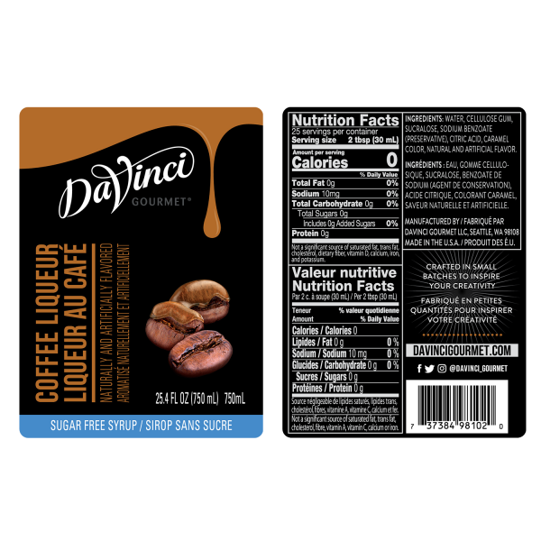 Sugar Free Coffee Liqueur Syrup  labels and nutrition facts