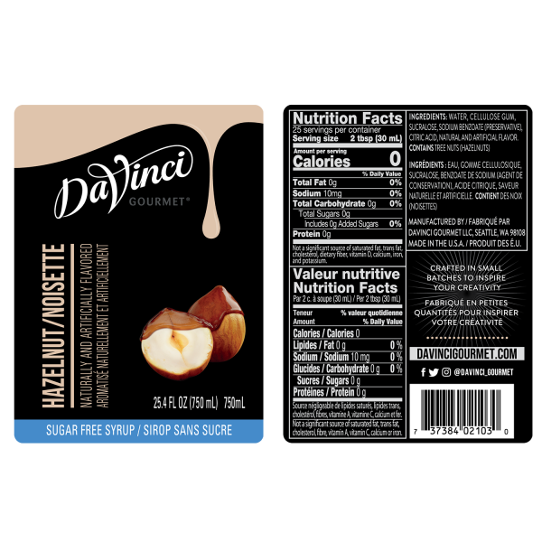 Sugar Free Hazelnut Syrup labels and nutrition facts
