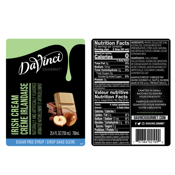 Sugar Free Irish Cream Syrup labels and nutrition facts
