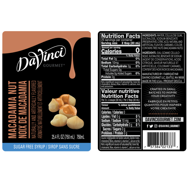 Sugar Free Macadamia Nut Syrup labels and nutrition facts