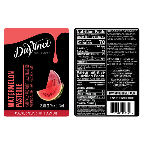 Watermelon syrup label and nutrition facts