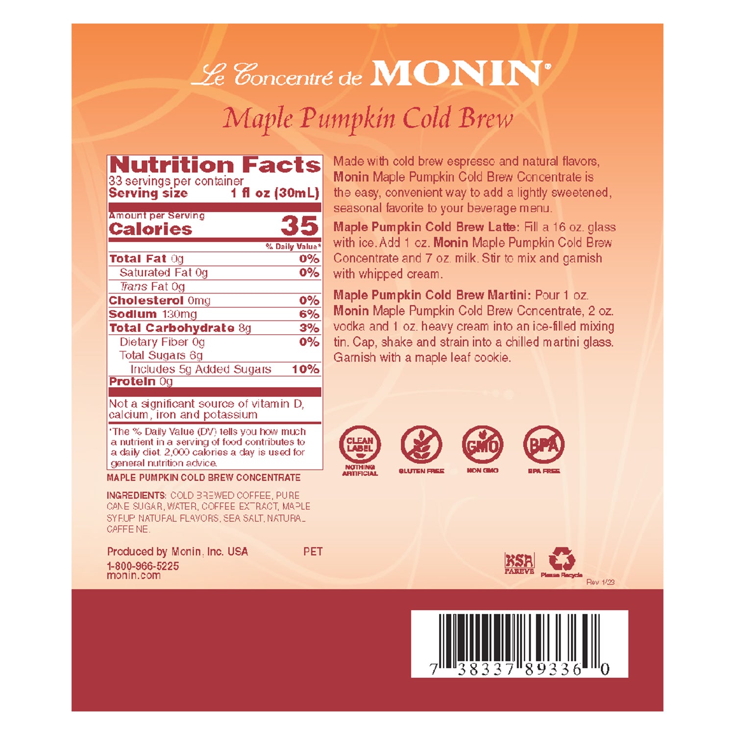 Monin Maple Pumpkin Cold Brew Concentrate nutrition facts and directions label