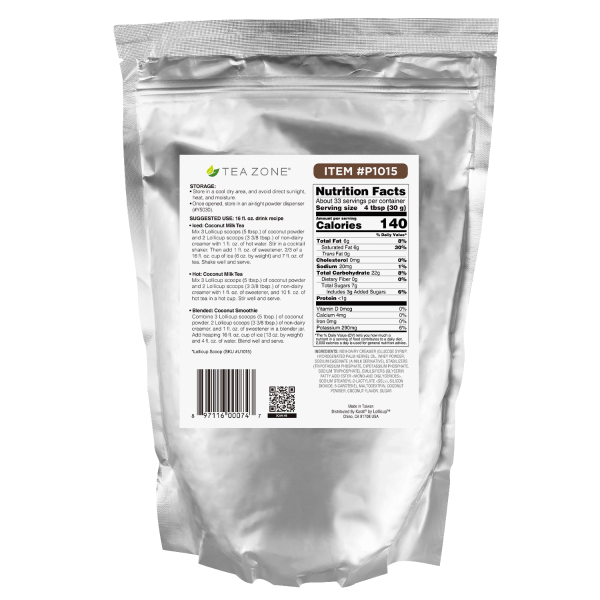Tea Zone Coconut Powder in silver 2.2 lb bag with back label