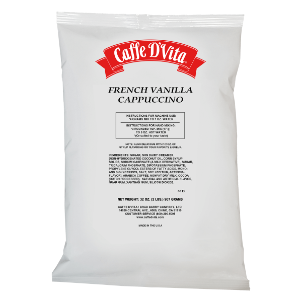French Vanilla Cappuccino 32 oz bag with ingredient list on container