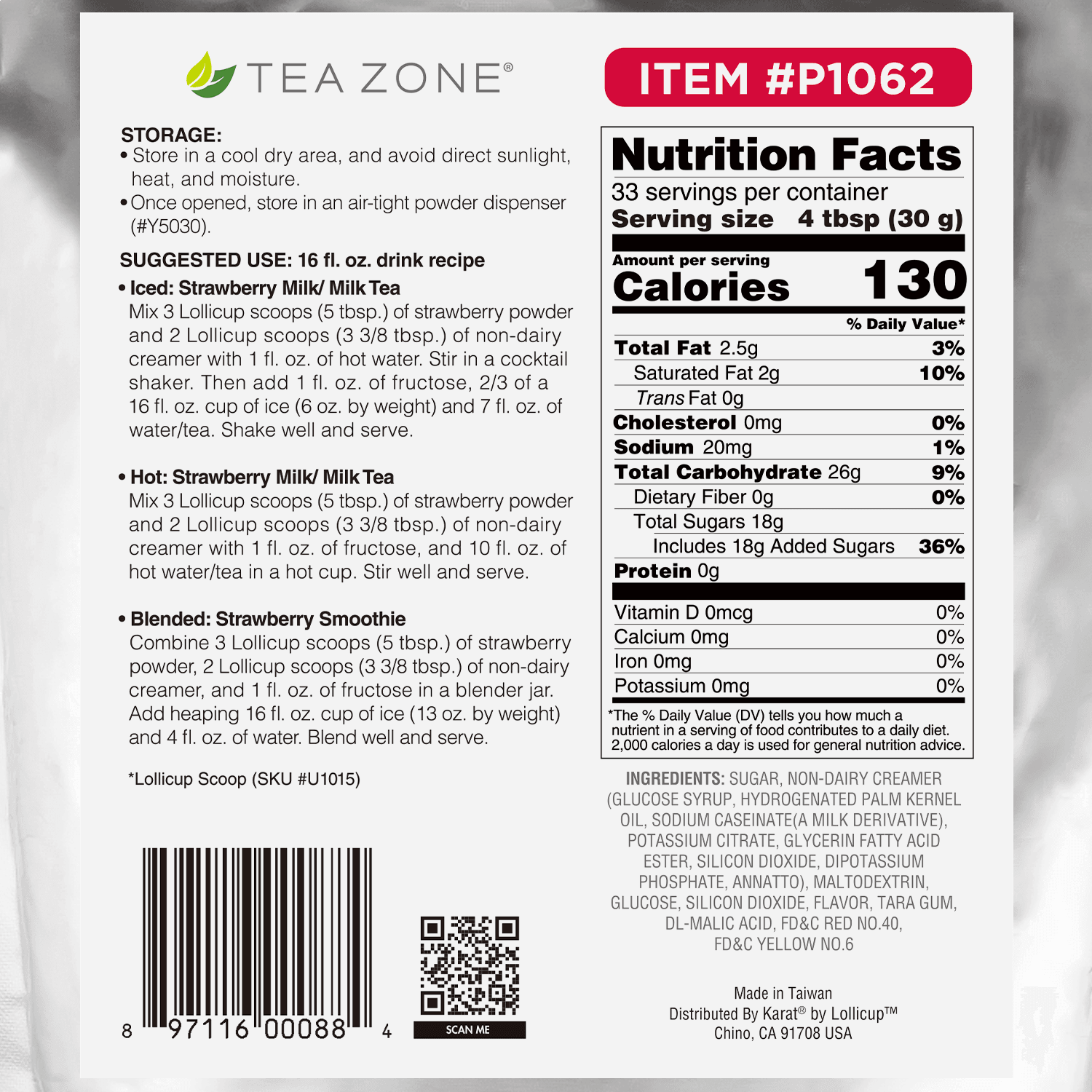 Tea Zone Strawberry Powder - Bag (2.2 lbs)