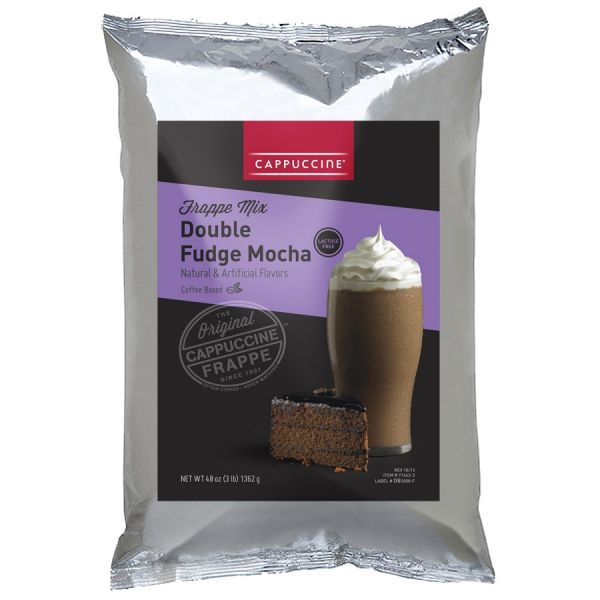 Double Fudge Mocha Frappe Mix bag with drink image