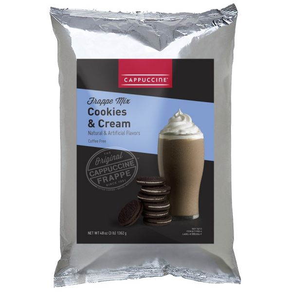 Cookies & Cream Frappe Mix bag with drink image