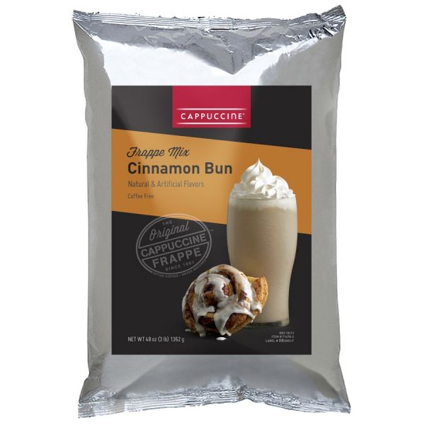 Cinnamon Bun Frappe Mix bag with drink image