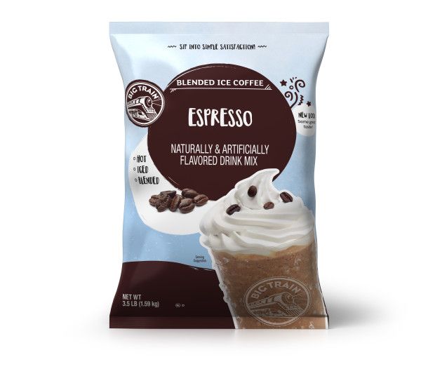 Frozen Espresso powdered mix in container with frozen drink image on container