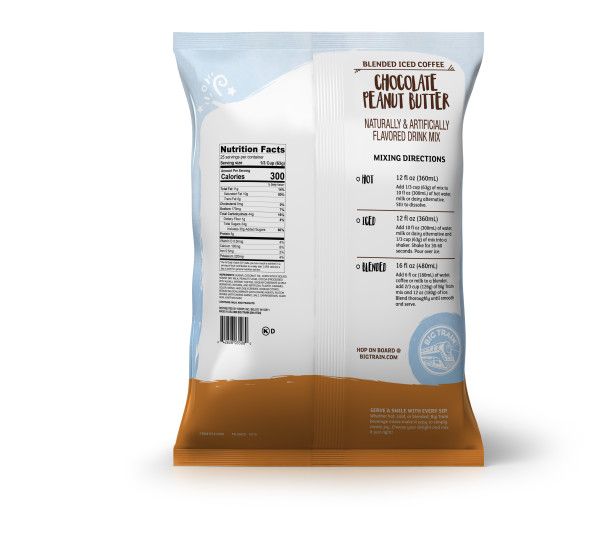 Frozen Chocolate Peanut Butter powdered mix in container with nutritional facts and directions