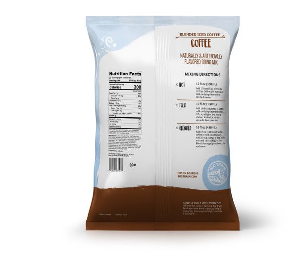 Frozen Coffee powdered mix in container with nutritional facts and directions