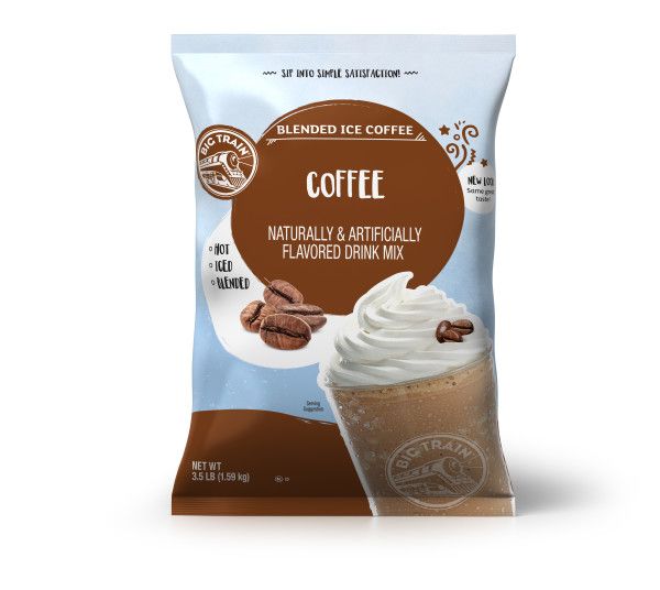 Frozen Coffee powdered mix in container with frozen drink image on container